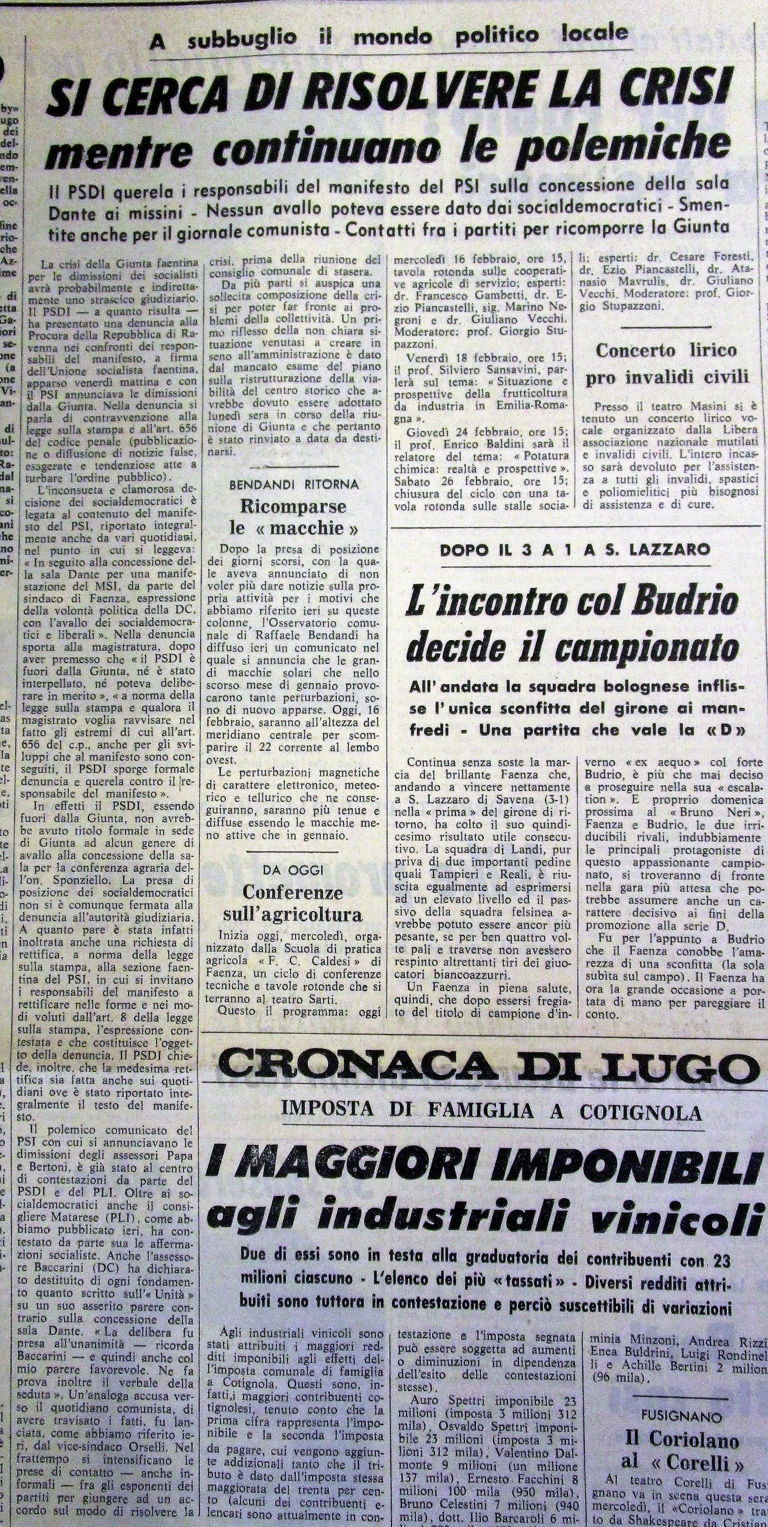 “Il Resto del Carlino-Faenza” 11 febbraio 1972, articolo sulla crisi della Giunta di centrosinistra in seguito alla concessione di una sala comunale per una iniziativa dell'MSI sull'agricoltura