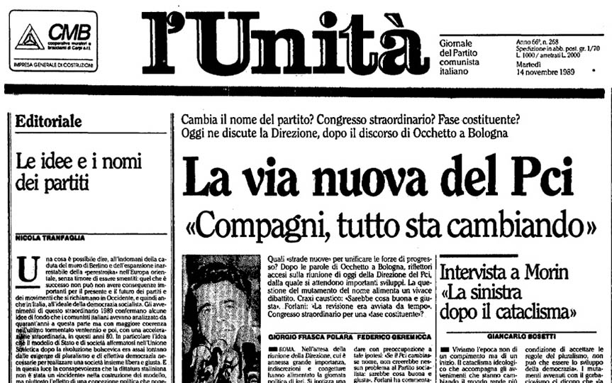 La prima pagina del quotidiano comunista l’Unità, che dava conto della svolta della Bolognina